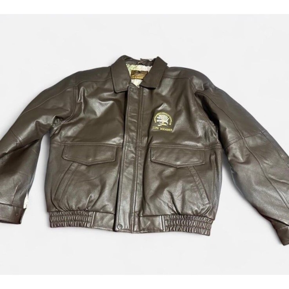 North American Hunting Club Life Member Brown Leather Bomber Jacket with map lin